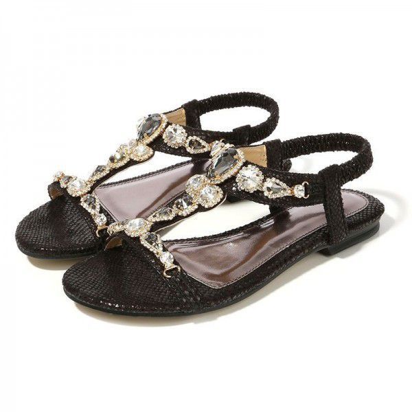 Cross-border plus-size shoes for women size 45 retro Bohemian rhinestone sandals for women 2020 beaded snake sandals