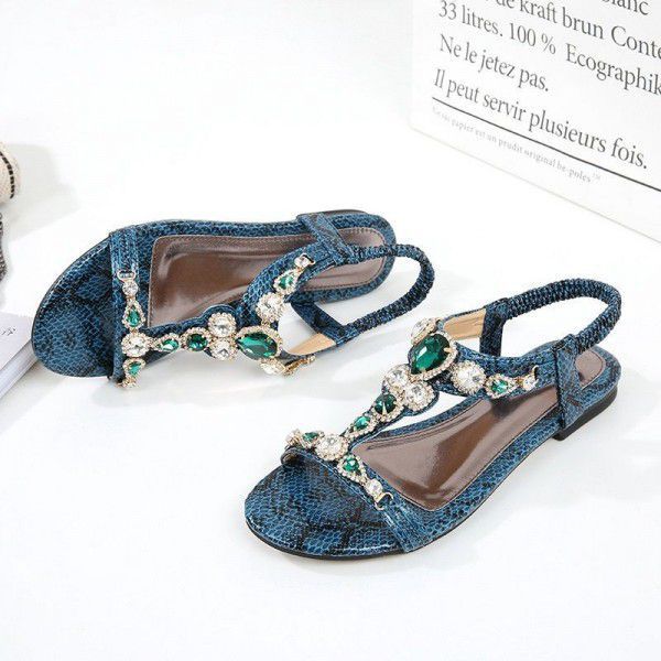 Cross-border plus-size shoes for women size 45 retro Bohemian rhinestone sandals for women 2020 beaded snake sandals