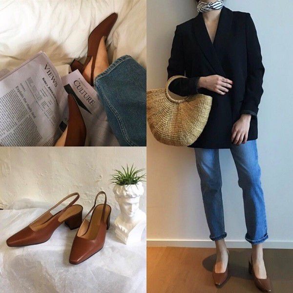 2019 spring new baotou web celebrity chic sandals ladies instagram trend retro square head high heel thick heel heel shoes empty