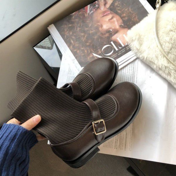 Dapaishow Korean version elastic socks boots female thin thin Mary Jane word buckle British style Martin boots black leather boots