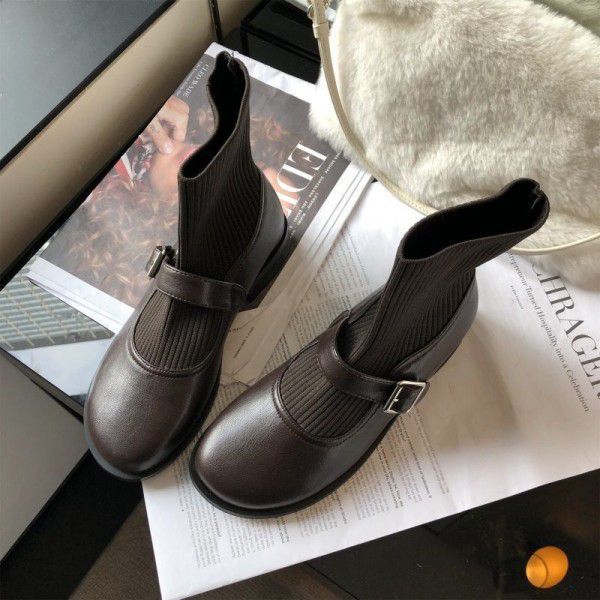 Dapaishow Korean version elastic socks boots female thin thin Mary Jane word buckle British style Martin boots black leather boots