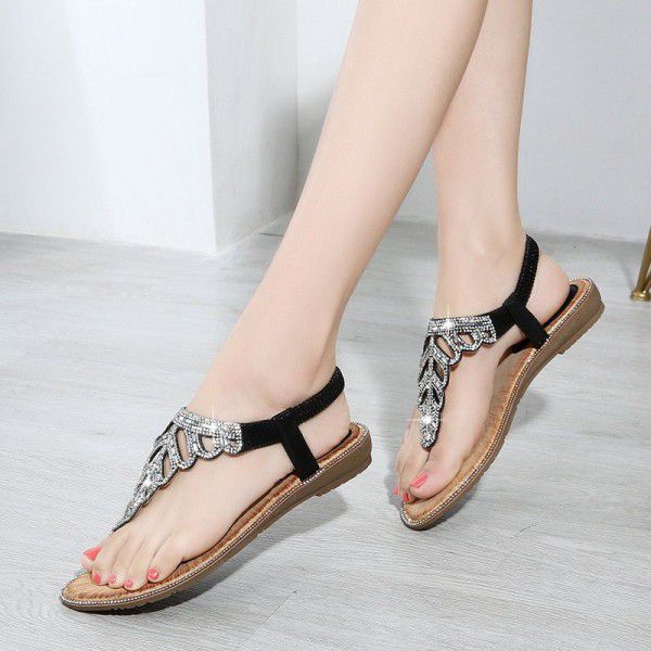 Bohemian cross border sandals exquisite leaves Rhinestone Beaded SANDALS BEACH toe slope heel shoes factory direct sales
