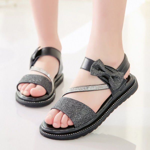 Children's leather sandals 2020 summer new Sequin flat bottom princess shoes bow Korean version versatile student shoes