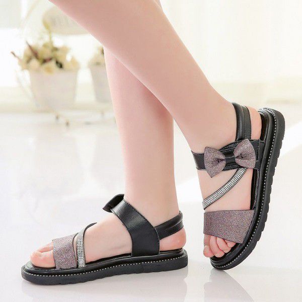 Children's leather sandals 2020 summer new Sequin flat bottom princess shoes bow Korean version versatile student shoes