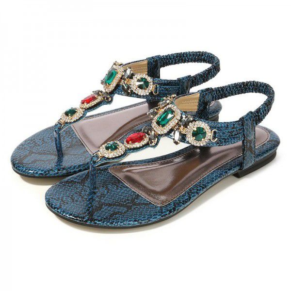 Cross border large women's shoes retro Bohemian Rhinestone sandals 2020 new women's summer Beaded flat shoes
