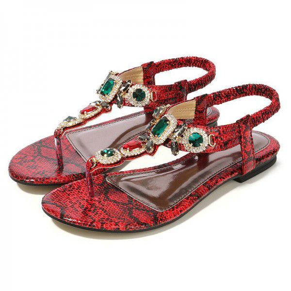 Cross border large women's shoes retro Bohemian Rhinestone sandals 2020 new women's summer Beaded flat shoes
