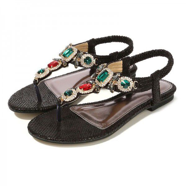 Cross border large women's shoes retro Bohemian Rhinestone sandals 2020 new women's summer Beaded flat shoes
