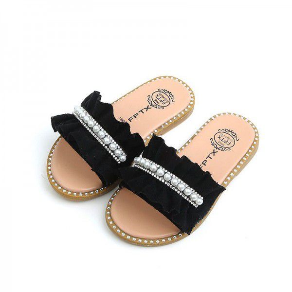 2020 summer new children's slippers Korean pearl girl cool drag soft bottom lace women's shoes antiskid wholesale