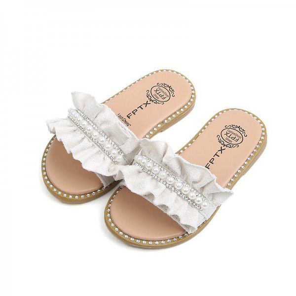 2020 summer new children's slippers Korean pearl girl cool drag soft bottom lace women's shoes antiskid wholesale