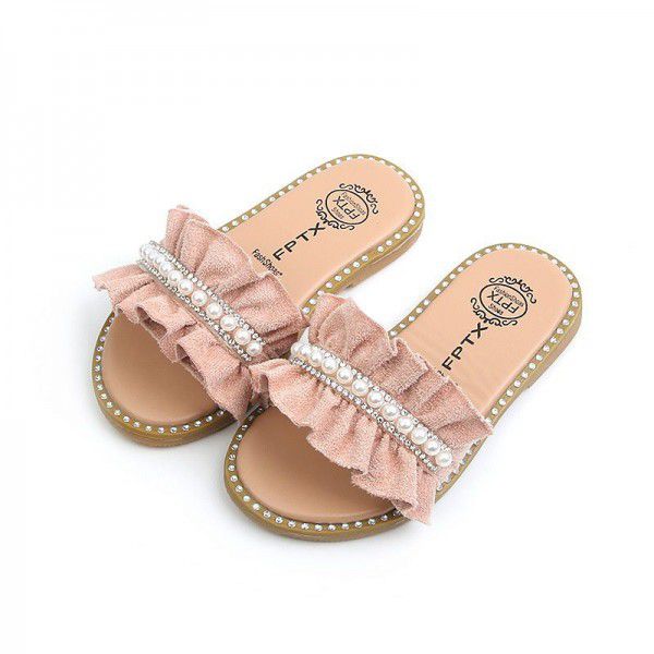 2020 summer new children's slippers Korean pearl girl cool drag soft bottom lace women's shoes antiskid wholesale