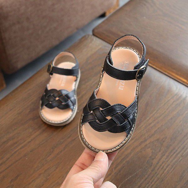 Girls' sandals 2020 summer new Korean children's knitting children's sandals girl baby leather soft bottom beach shoes