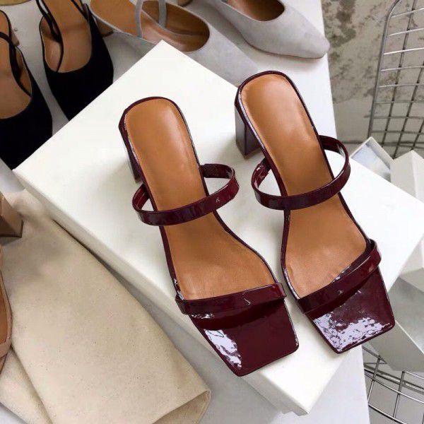 Summer European and American one word net red same thick heel simple high-heeled shoes ins retro versatile leather women's sandals