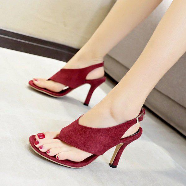 European and American sandals, women's summer high heels, new style, thin heel, one word, buckle, clip toe, high heels, large size, popular in foreign trade
