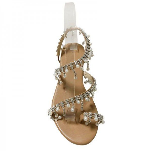 Factory direct sales wish Amazon cross border popular Roman pearl sandals large size handmade beaded shoes women's stock
