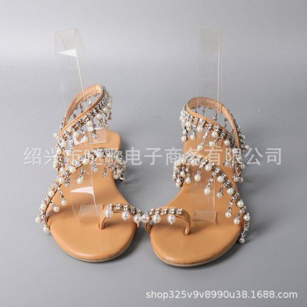 Factory direct sales wish Amazon cross border popular Roman pearl sandals large size handmade beaded shoes women's stock
