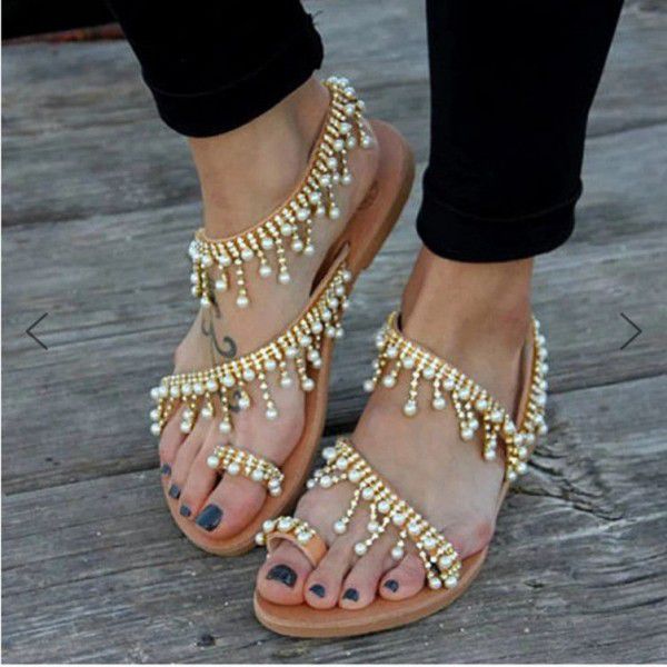 Factory direct sales wish Amazon cross border popular Roman pearl sandals large size handmade beaded shoes women's stock
