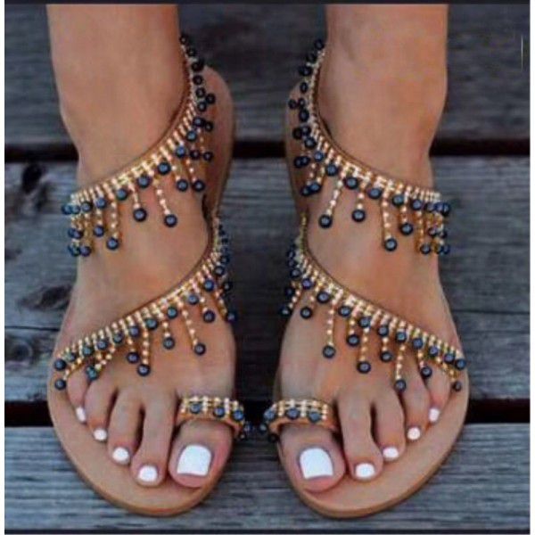 Factory direct sales wish Amazon cross border popular Roman pearl sandals large size handmade beaded shoes women's stock
