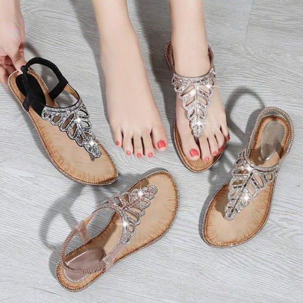 Bohemian cross border sandals exquisite leaves Rhinestone Beaded SANDALS BEACH toe slope heel shoes factory direct sales
