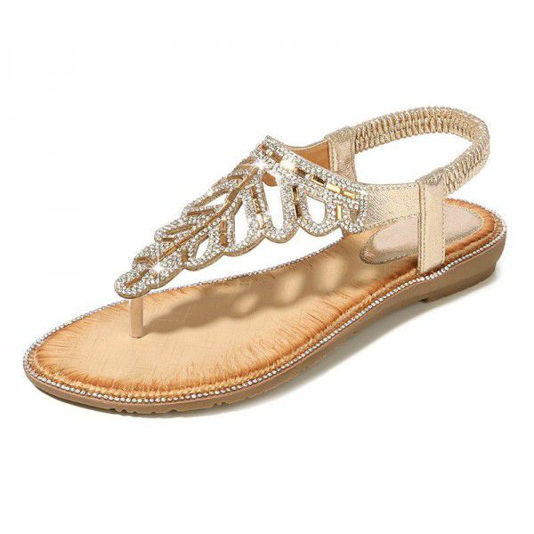 Bohemian cross border sandals exquisite leaves Rhinestone Beaded SANDALS BEACH toe slope heel shoes factory direct sales
