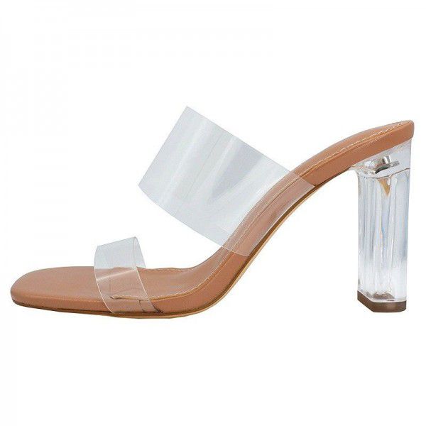 2020 summer net red one word with transparent belt super high heel sandals women's thick heel crystal heel sexy sandals
