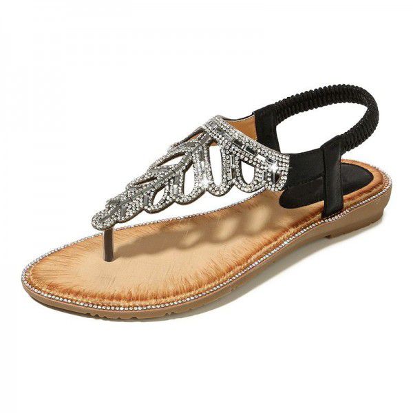 Bohemian cross border sandals exquisite leaves Rhinestone Beaded SANDALS BEACH toe slope heel shoes factory direct sales
