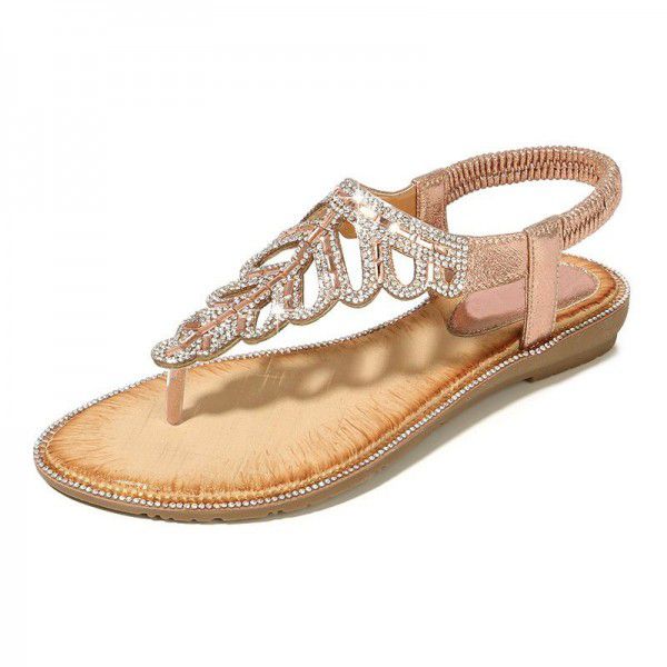 Bohemian cross border sandals exquisite leaves Rhinestone Beaded SANDALS BEACH toe slope heel shoes factory direct sales
