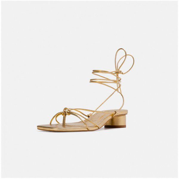 Zara JL High Heels Sandals fairy wind summer middle heel gold square head strap fashion sexy thick heel Roman shoes