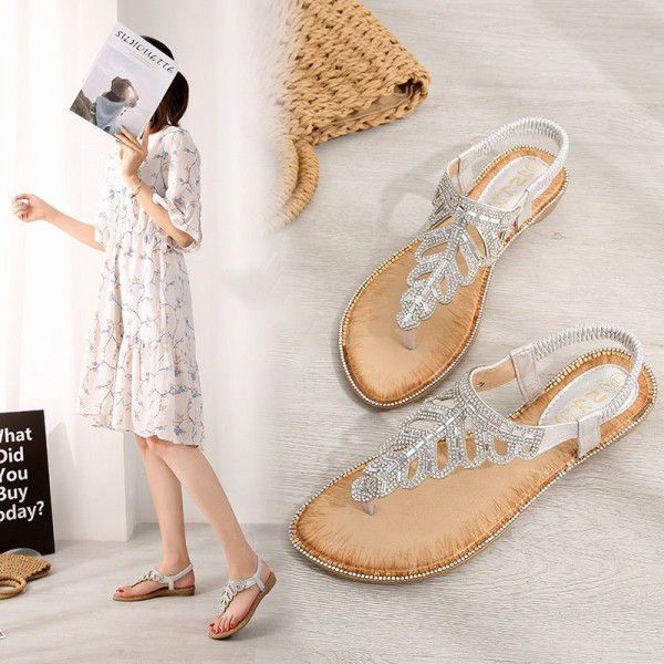 Bohemian cross border sandals exquisite leaves Rhinestone Beaded SANDALS BEACH toe slope heel shoes factory direct sales
