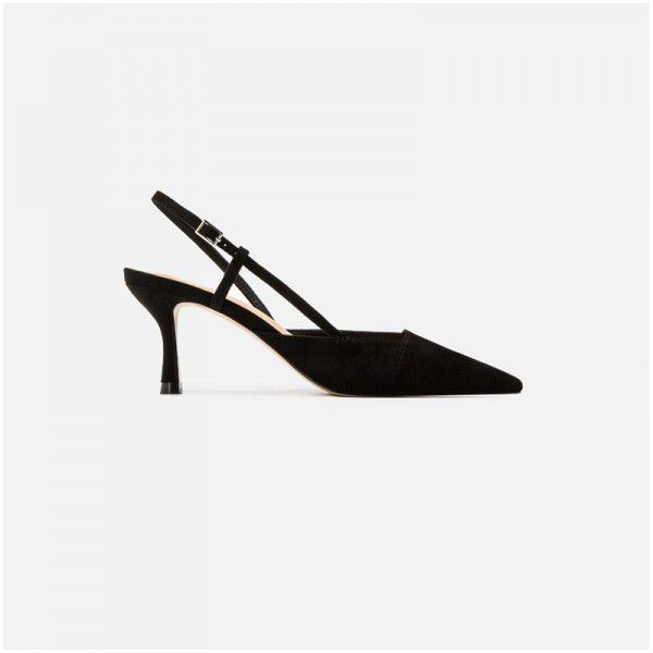 Zara JL fairy Baotou high-heeled single shoes with little fresh cat's heel and pointy button thin heel girls' sandals