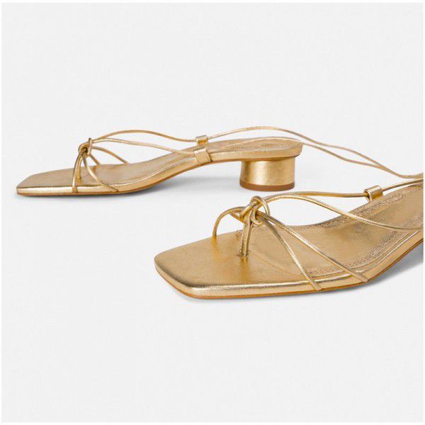 Zara JL High Heels Sandals fairy wind summer middle heel gold square head strap fashion sexy thick heel Roman shoes