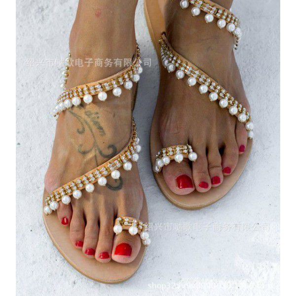 Factory direct sales wish Amazon cross border popular Roman pearl sandals large size handmade beaded shoes women's stock
