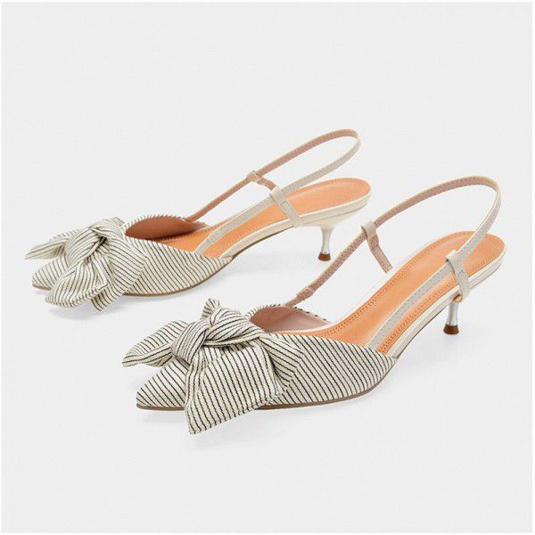 Zara JL French girls' Baotou sandals cat heel thin heel professional single shoes pointed stripe bow high heels