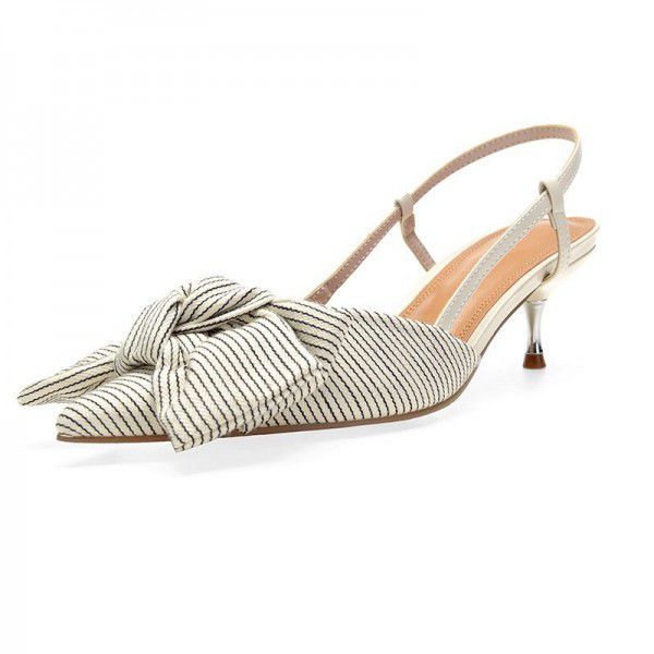 Zara JL French girls' Baotou sandals cat heel thin heel professional single shoes pointed stripe bow high heels