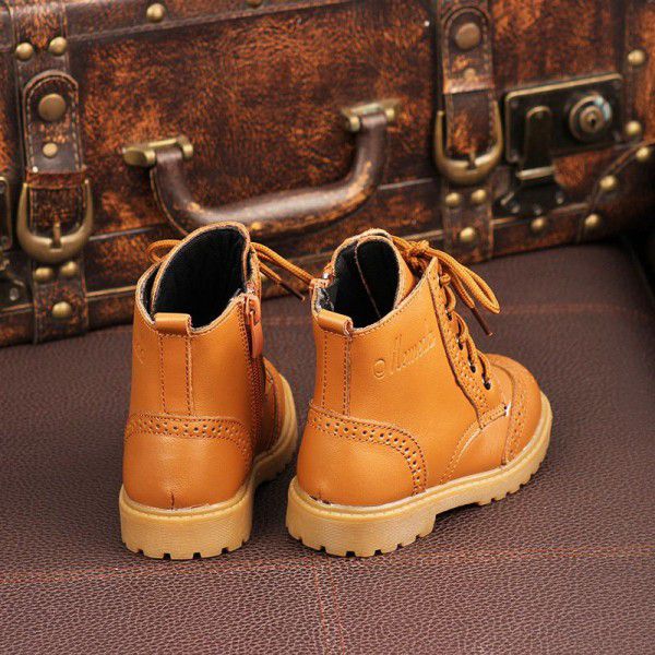 Autumn and winter children's leather Martin boots boys' and girls' boots cotton shoes middle and large children's England baby soft sole leather boots
