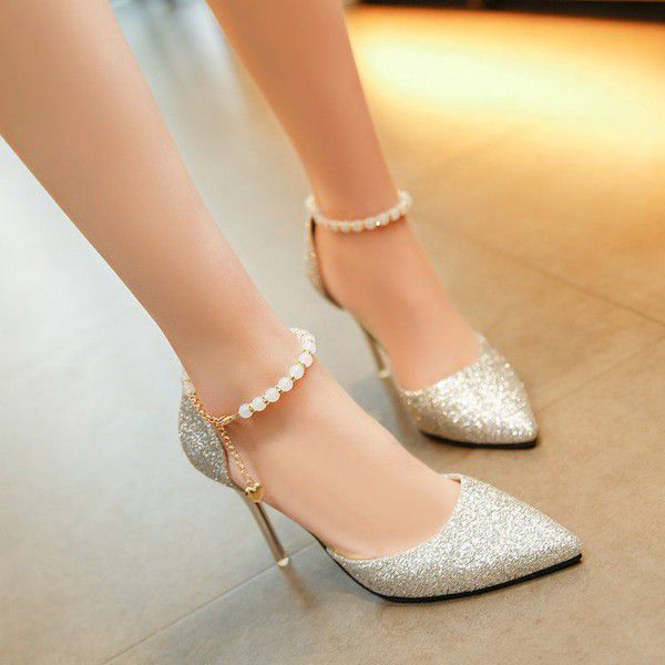 New pointy buckle fashion sandals ladies thin heel pearl strap low heel women shoes solid color all-around sandals
