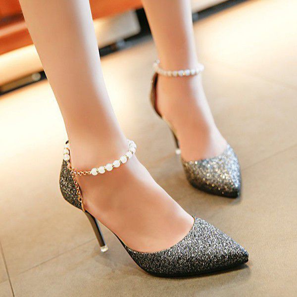 New pointy buckle fashion sandals ladies thin heel pearl strap low heel women shoes solid color all-around sandals
