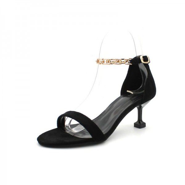 55-b2020 European and American round toe chain high-heeled shoes women's thin heel one word buckle sandals women's summer middle single shoes
