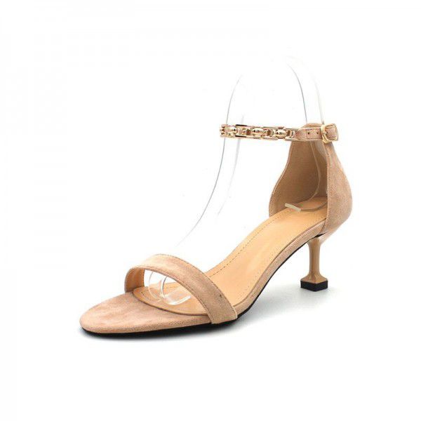 55-b2020 European and American round toe chain high-heeled shoes women's thin heel one word buckle sandals women's summer middle single shoes
