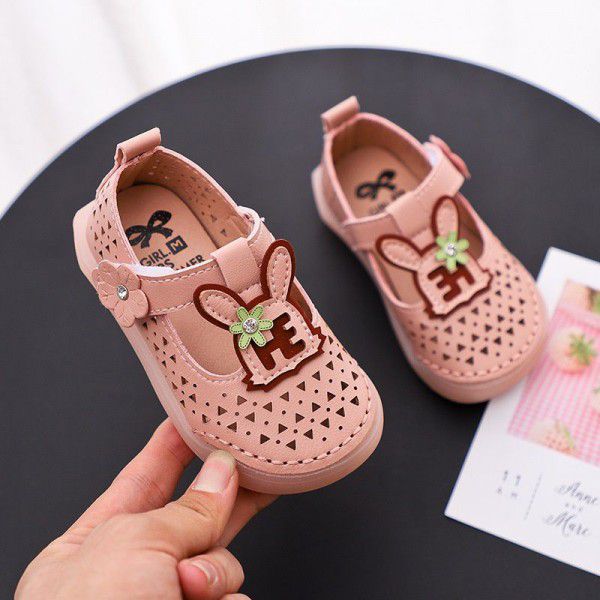 Factory direct selling summer rabbit hollow shoes girl princess shoes soft sole walking shoes 2-3 years old breathable single shoes