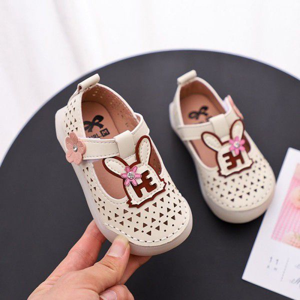 Factory direct selling summer rabbit hollow shoes girl princess shoes soft sole walking shoes 2-3 years old breathable single shoes