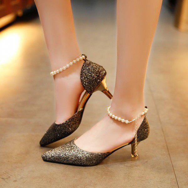 Summer new women's sandals pointed Korean fashion sequins high heels women's beading comfortable and versatile women's sandals
