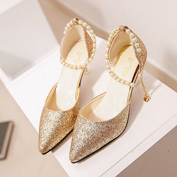 Summer new women's sandals pointed Korean fashion sequins high heels women's beading comfortable and versatile women's sandals
