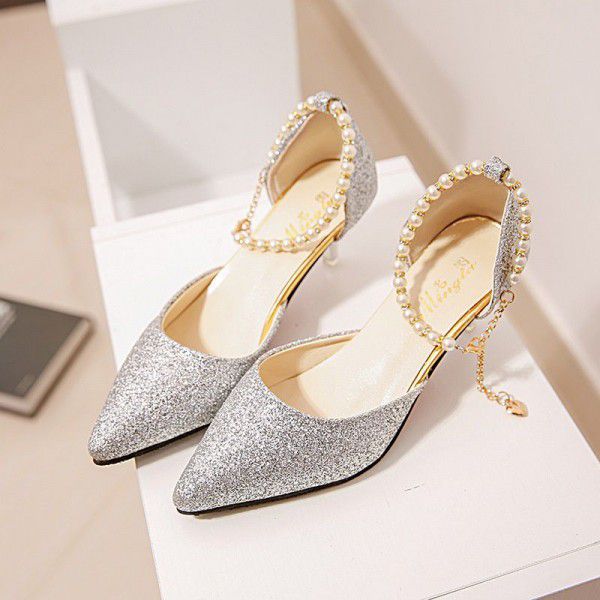 Summer new women's sandals pointed Korean fashion sequins high heels women's beading comfortable and versatile women's sandals
