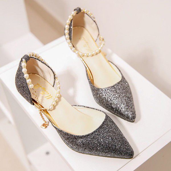 Summer new women's sandals pointed Korean fashion sequins high heels women's beading comfortable and versatile women's sandals
