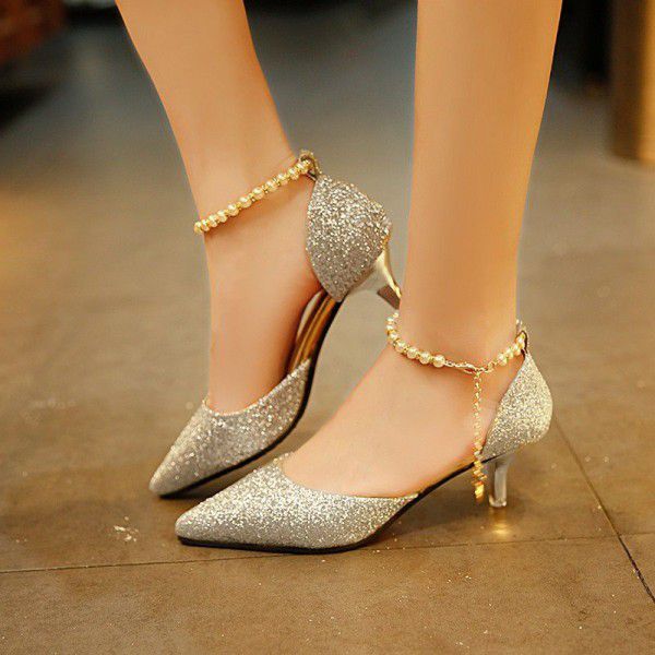 Summer new women's sandals pointed Korean fashion sequins high heels women's beading comfortable and versatile women's sandals
