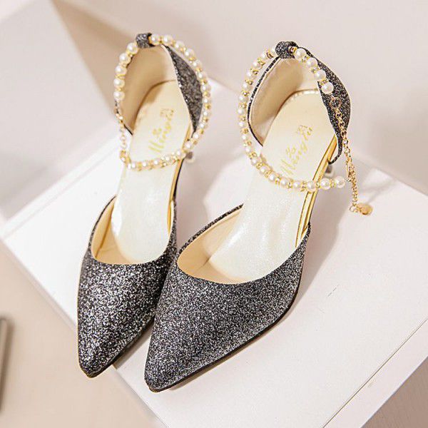 New pointy buckle fashion sandals ladies thin heel pearl strap low heel women shoes solid color all-around sandals
