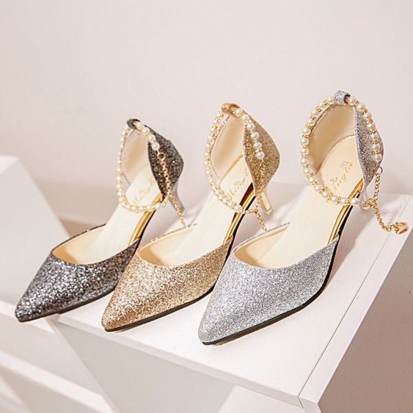 New pointy buckle fashion sandals ladies thin heel pearl strap low heel women shoes solid color all-around sandals
