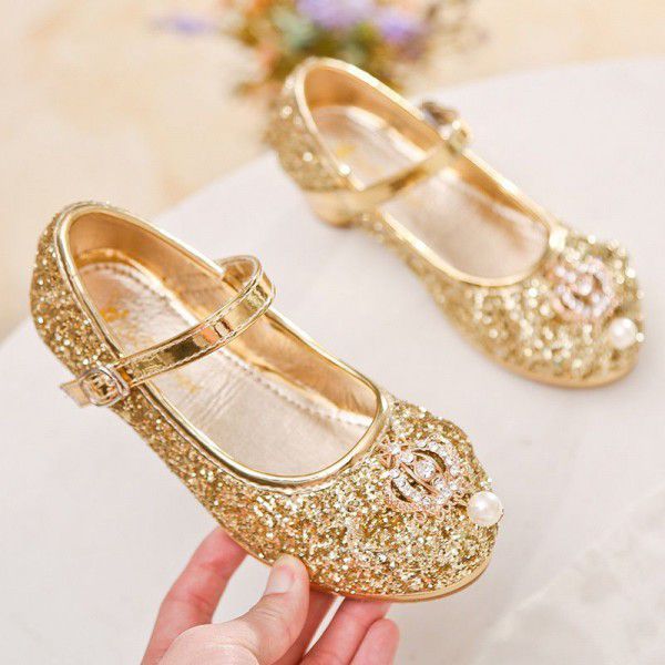 Spring and autumn Korean version of little high-heeled girl's shoes children's Sequin dress single shoes new little girl performance princess shoes
