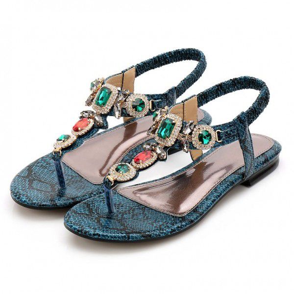 Cross border large women's shoes retro Bohemian Rhinestone sandals 2020 new women's summer Beaded flat shoes
