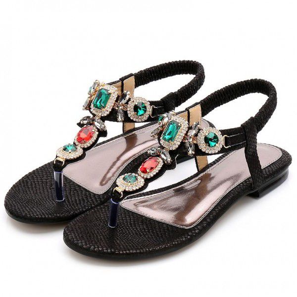 Cross border large women's shoes retro Bohemian Rhinestone sandals 2020 new women's summer Beaded flat shoes
